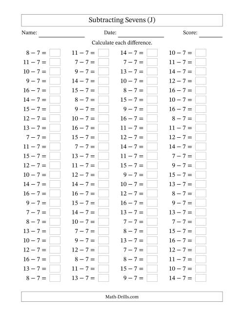 The Horizontally Arranged Subtracting Sevens with Differences from 0 to 9 (100 Questions) (J) Math Worksheet