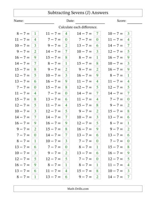 The Subtracting 7 (100 Horizontal Questions) (J) Math Worksheet Page 2