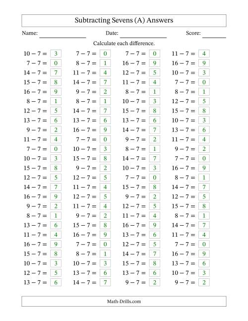 The Subtracting 7 (100 Horizontal Questions) (All) Math Worksheet Page 2