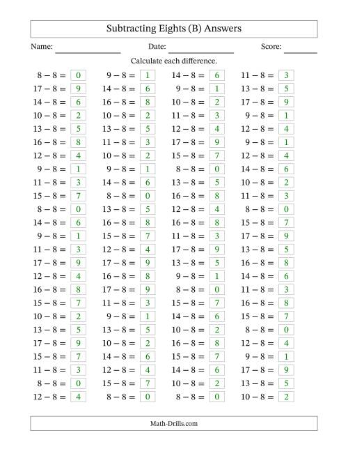 The Subtracting 8 (100 Horizontal Questions) (B) Math Worksheet Page 2