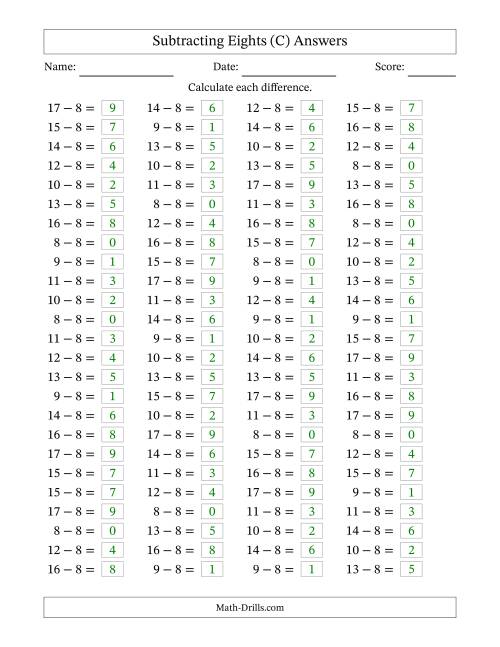 The Horizontally Arranged Subtracting Eights with Differences from 0 to 9 (100 Questions) (C) Math Worksheet Page 2