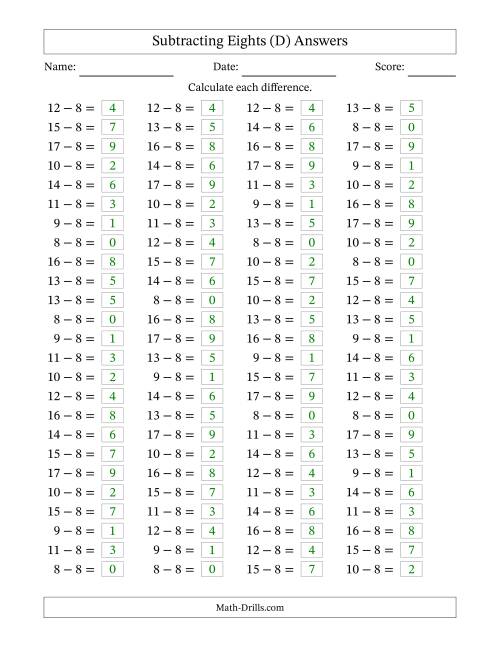 The Horizontally Arranged Subtracting Eights with Differences from 0 to 9 (100 Questions) (D) Math Worksheet Page 2