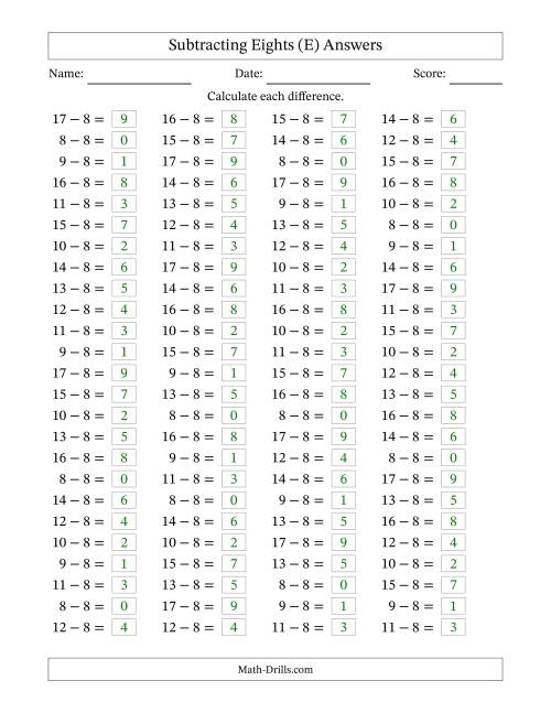 The Horizontally Arranged Subtracting Eights with Differences from 0 to 9 (100 Questions) (E) Math Worksheet Page 2
