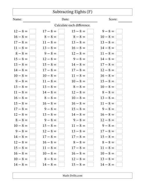 The Subtracting 8 (100 Horizontal Questions) (F) Math Worksheet