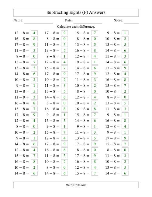 The Subtracting 8 (100 Horizontal Questions) (F) Math Worksheet Page 2