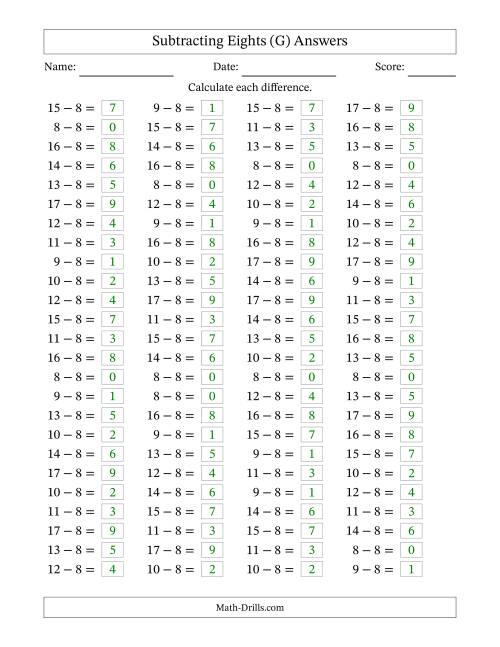 The Subtracting 8 (100 Horizontal Questions) (G) Math Worksheet Page 2