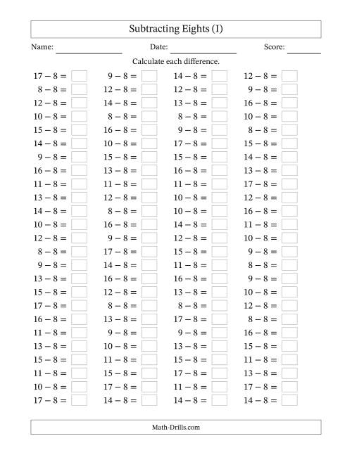 The Subtracting 8 (100 Horizontal Questions) (I) Math Worksheet