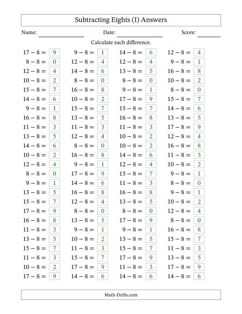 The Subtracting 8 (100 Horizontal Questions) (I) Math Worksheet Page 2