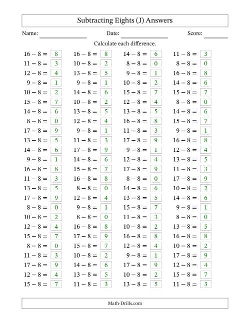The Horizontally Arranged Subtracting Eights with Differences from 0 to 9 (100 Questions) (J) Math Worksheet Page 2