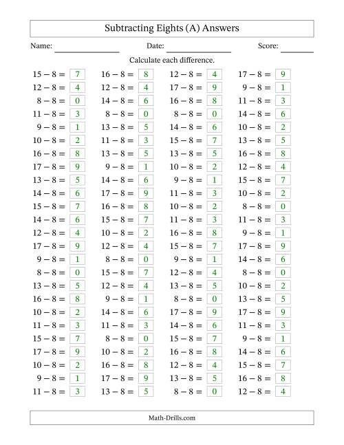 The Horizontally Arranged Subtracting Eights with Differences from 0 to 9 (100 Questions) (All) Math Worksheet Page 2
