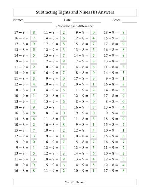 The Horizontally Arranged Subtracting Eights and Nines with Differences from 0 to 9 (100 Questions) (B) Math Worksheet Page 2