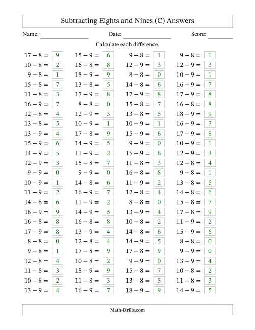 The Horizontally Arranged Subtracting Eights and Nines with Differences from 0 to 9 (100 Questions) (C) Math Worksheet Page 2