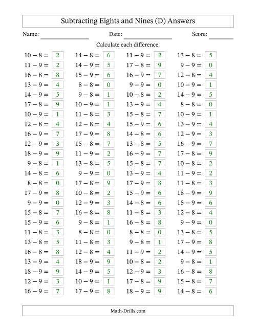 The Horizontally Arranged Subtracting Eights and Nines with Differences from 0 to 9 (100 Questions) (D) Math Worksheet Page 2