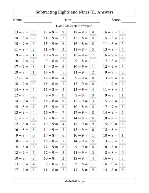 The Horizontally Arranged Subtracting Eights and Nines with Differences from 0 to 9 (100 Questions) (E) Math Worksheet Page 2