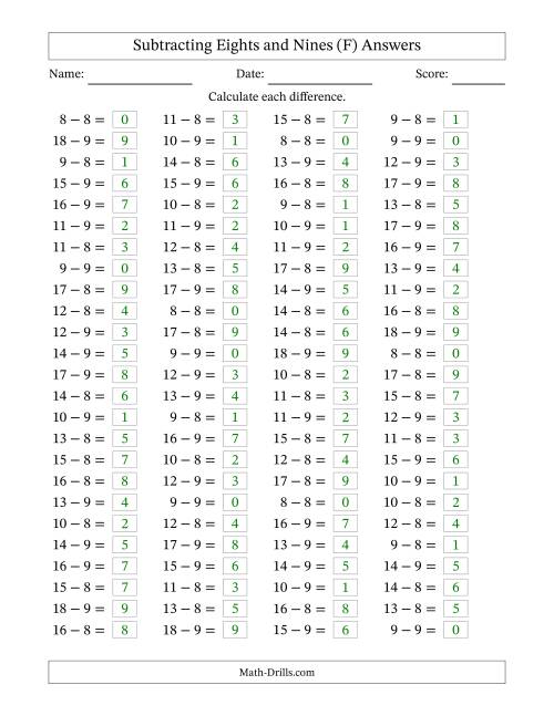 The Horizontally Arranged Subtracting Eights and Nines with Differences from 0 to 9 (100 Questions) (F) Math Worksheet Page 2