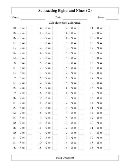The Subtracting 8 and 9 (100 Horizontal Questions) (G) Math Worksheet