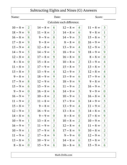 The Horizontally Arranged Subtracting Eights and Nines with Differences from 0 to 9 (100 Questions) (G) Math Worksheet Page 2