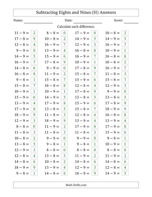 The Subtracting 8 and 9 (100 Horizontal Questions) (H) Math Worksheet Page 2