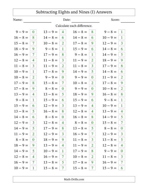The Subtracting 8 and 9 (100 Horizontal Questions) (I) Math Worksheet Page 2