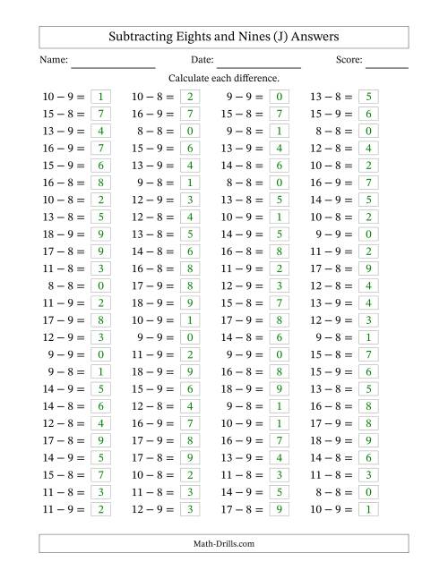 The Horizontally Arranged Subtracting Eights and Nines with Differences from 0 to 9 (100 Questions) (J) Math Worksheet Page 2