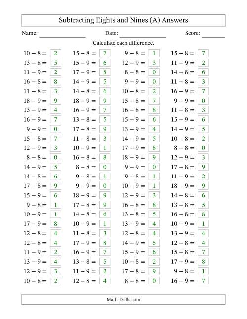 The Horizontally Arranged Subtracting Eights and Nines with Differences from 0 to 9 (100 Questions) (All) Math Worksheet Page 2