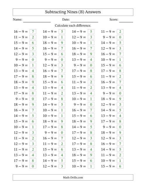 The Horizontally Arranged Subtracting Nines with Differences from 0 to 9 (100 Questions) (B) Math Worksheet Page 2