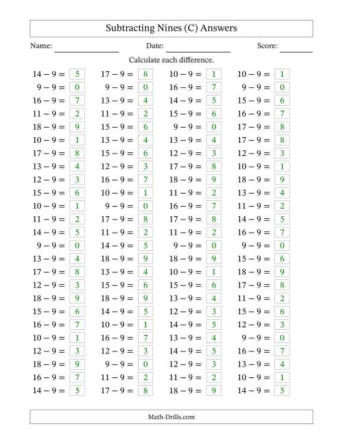 The Horizontally Arranged Subtracting Nines with Differences from 0 to 9 (100 Questions) (C) Math Worksheet Page 2