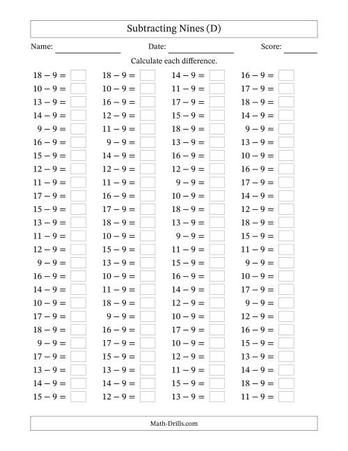 The Horizontally Arranged Subtracting Nines with Differences from 0 to 9 (100 Questions) (D) Math Worksheet