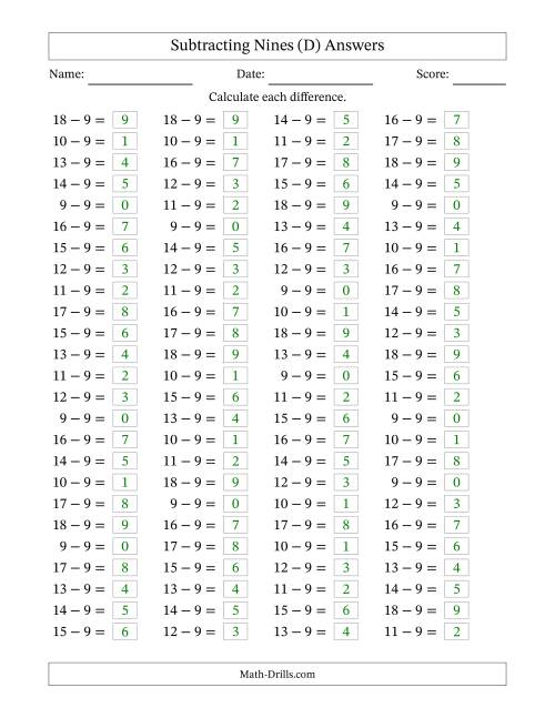 The Horizontally Arranged Subtracting Nines with Differences from 0 to 9 (100 Questions) (D) Math Worksheet Page 2