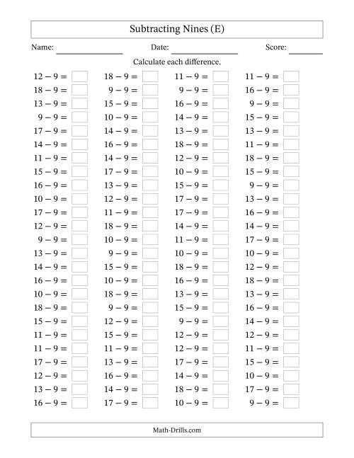 The Horizontally Arranged Subtracting Nines with Differences from 0 to 9 (100 Questions) (E) Math Worksheet