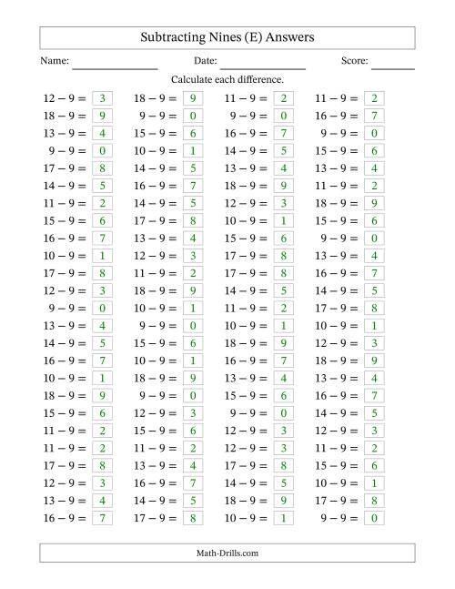 The Horizontally Arranged Subtracting Nines with Differences from 0 to 9 (100 Questions) (E) Math Worksheet Page 2