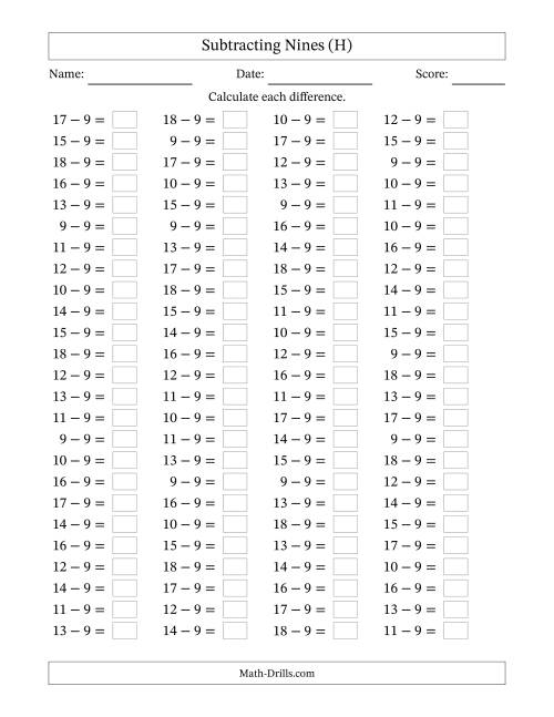 The Horizontally Arranged Subtracting Nines with Differences from 0 to 9 (100 Questions) (H) Math Worksheet