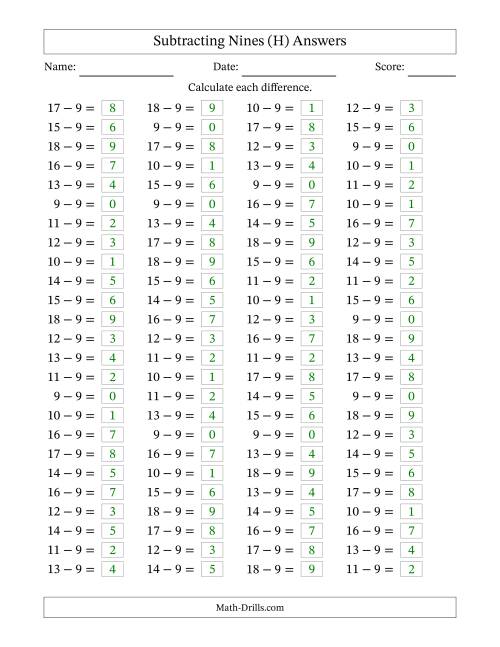 The Horizontally Arranged Subtracting Nines with Differences from 0 to 9 (100 Questions) (H) Math Worksheet Page 2