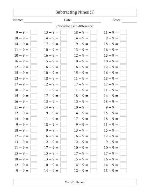 The Horizontally Arranged Subtracting Nines with Differences from 0 to 9 (100 Questions) (I) Math Worksheet