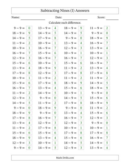 The Horizontally Arranged Subtracting Nines with Differences from 0 to 9 (100 Questions) (I) Math Worksheet Page 2