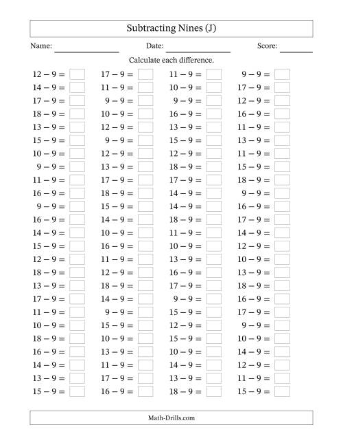 The Horizontally Arranged Subtracting Nines with Differences from 0 to 9 (100 Questions) (J) Math Worksheet