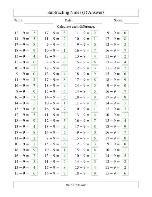 The Horizontally Arranged Subtracting Nines with Differences from 0 to 9 (100 Questions) (J) Math Worksheet Page 2