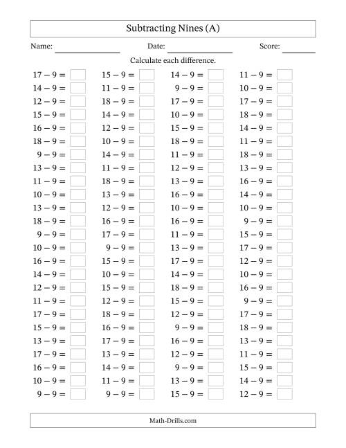 The Horizontally Arranged Subtracting Nines with Differences from 0 to 9 (100 Questions) (All) Math Worksheet
