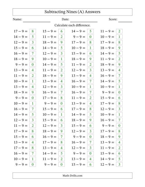 The Horizontally Arranged Subtracting Nines with Differences from 0 to 9 (100 Questions) (All) Math Worksheet Page 2