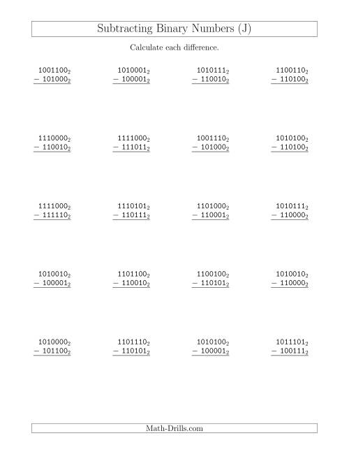 The Subtracting Binary Numbers (Base 2) (J) Math Worksheet