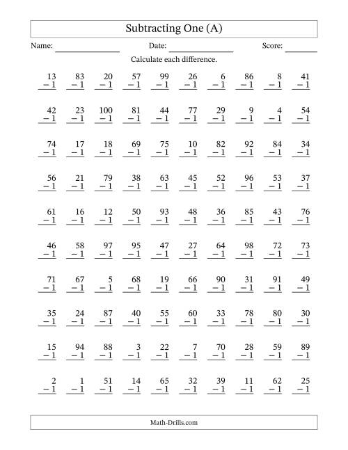 The Subtracting One (1) with Differences 0 to 99 (100 Questions) (A) Math Worksheet