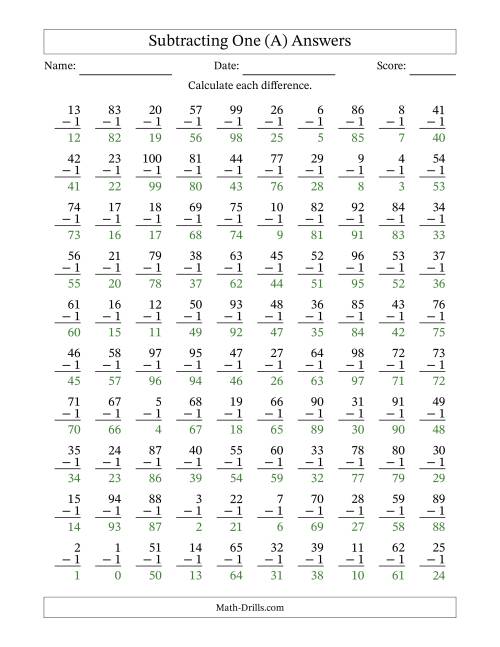 The Subtracting One (1) with Differences 0 to 99 (100 Questions) (A) Math Worksheet Page 2