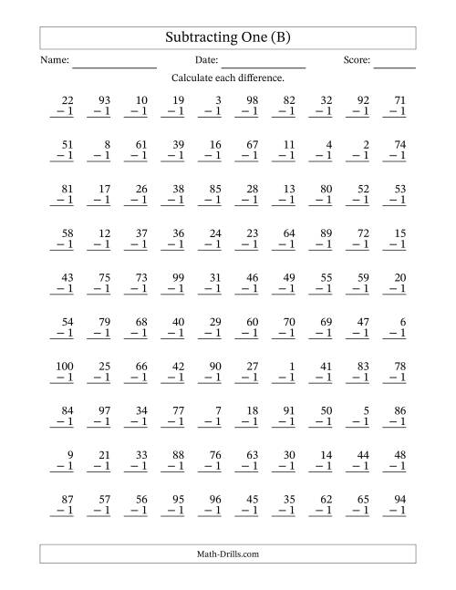The Subtracting One With Differences from 0 to 99 – 100 Questions (B) Math Worksheet