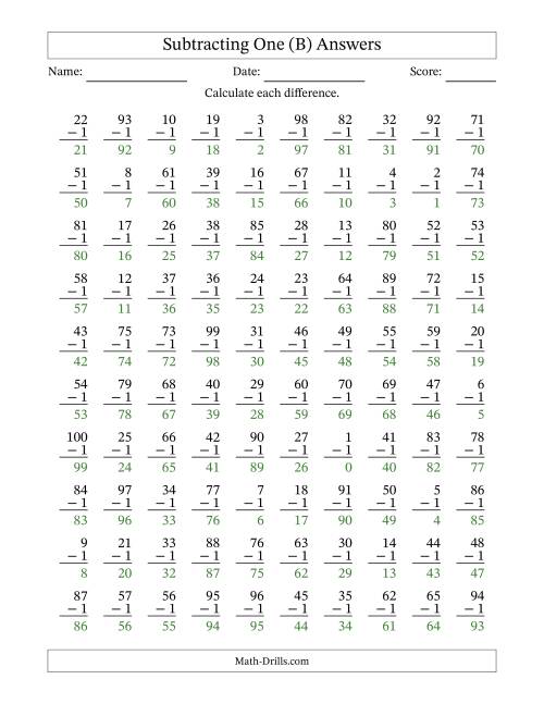 The Subtracting One With Differences from 0 to 99 – 100 Questions (B) Math Worksheet Page 2