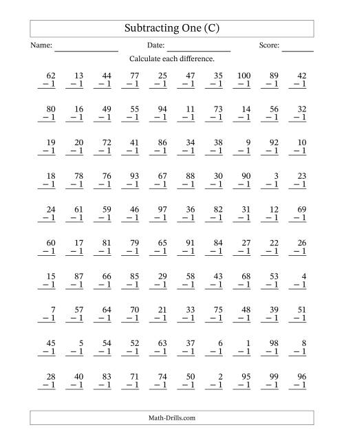 The Subtracting One With Differences from 0 to 99 – 100 Questions (C) Math Worksheet