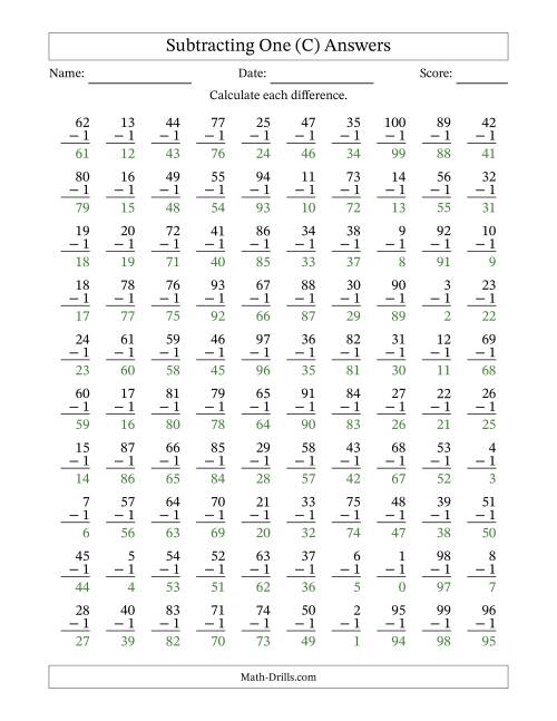 The Subtracting One With Differences from 0 to 99 – 100 Questions (C) Math Worksheet Page 2