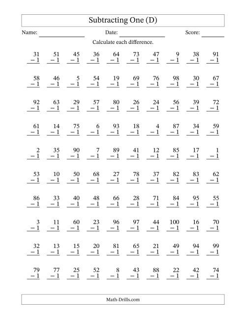 The Subtracting One With Differences from 0 to 99 – 100 Questions (D) Math Worksheet