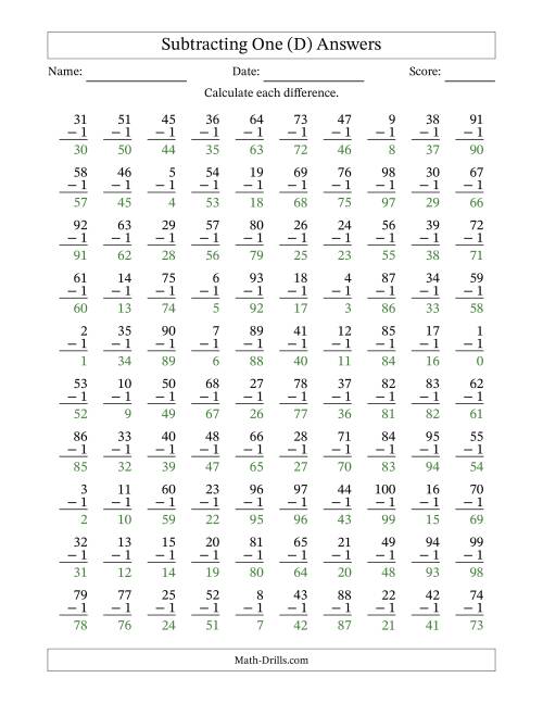 The Subtracting One With Differences from 0 to 99 – 100 Questions (D) Math Worksheet Page 2