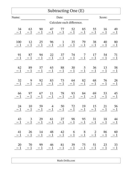 The Subtracting One With Differences from 0 to 99 – 100 Questions (E) Math Worksheet