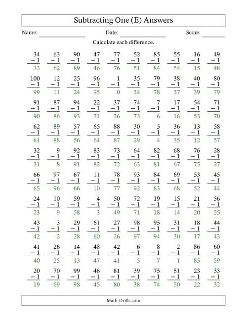 The Subtracting One With Differences from 0 to 99 – 100 Questions (E) Math Worksheet Page 2